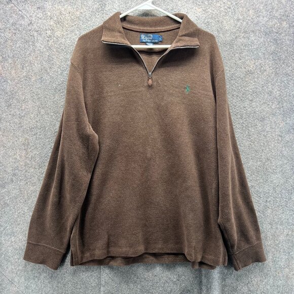 Vintage Ralph Lauren Pullover Mens Large Brown Fleece 1/4 Zip Pony Sweater 90s - Picture 1 of 11